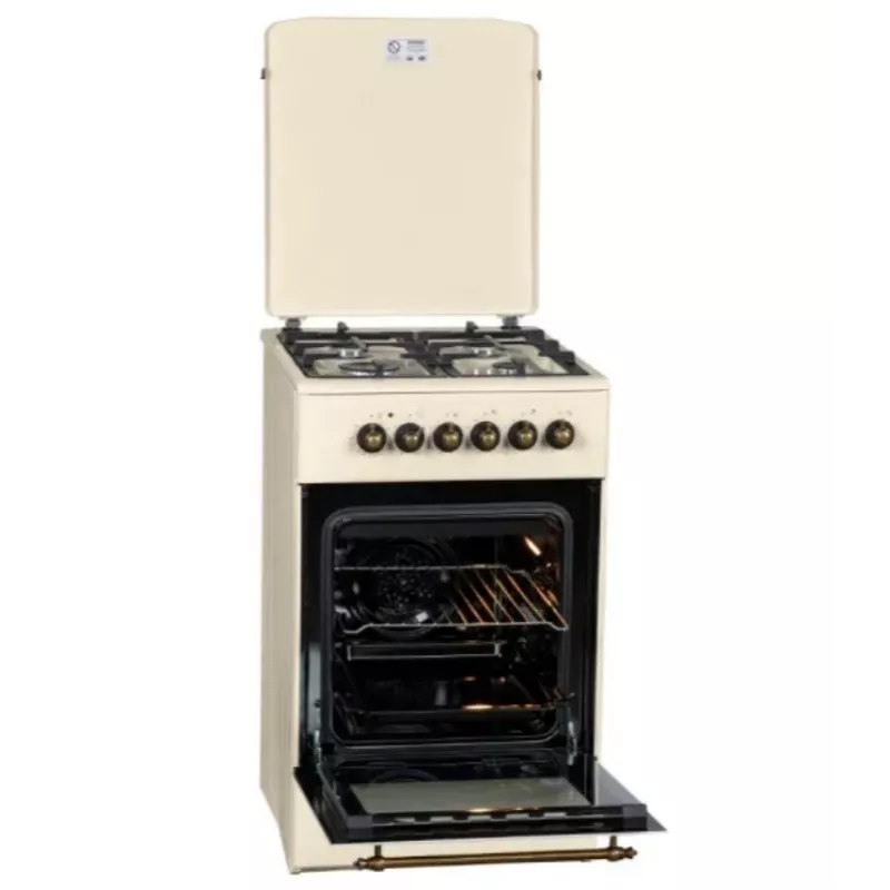 Dujinė-elektrinė viryklė MPM MPM-56-KRM-14, 56 cm, 4 dujų degikliai, elektrinė orkaitė, kreminė