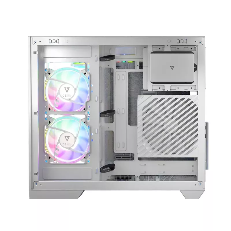 PC korpusas MODECOM Volcano Panorama Midi Tower baltas — micro ATX, grūdintas stiklas, ARGB, USB-C, palaiko GPU iki 400 mm