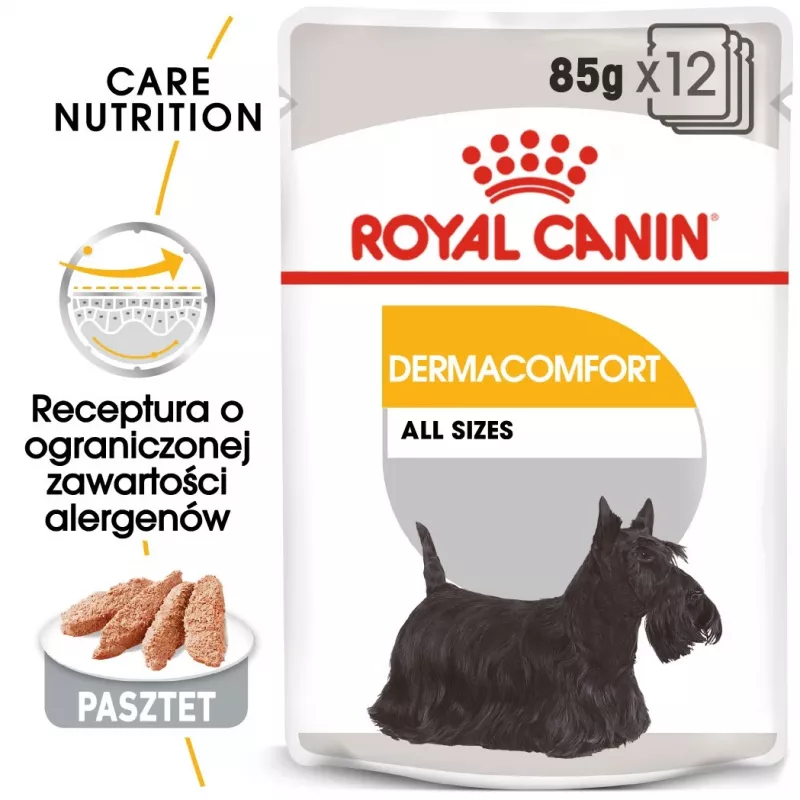 Šlapias šunų ėdalas Royal Canin Dermacomfort Adult 85 g pakelis — jautriai odai, paukštienos skonio, 78 % drėgmės