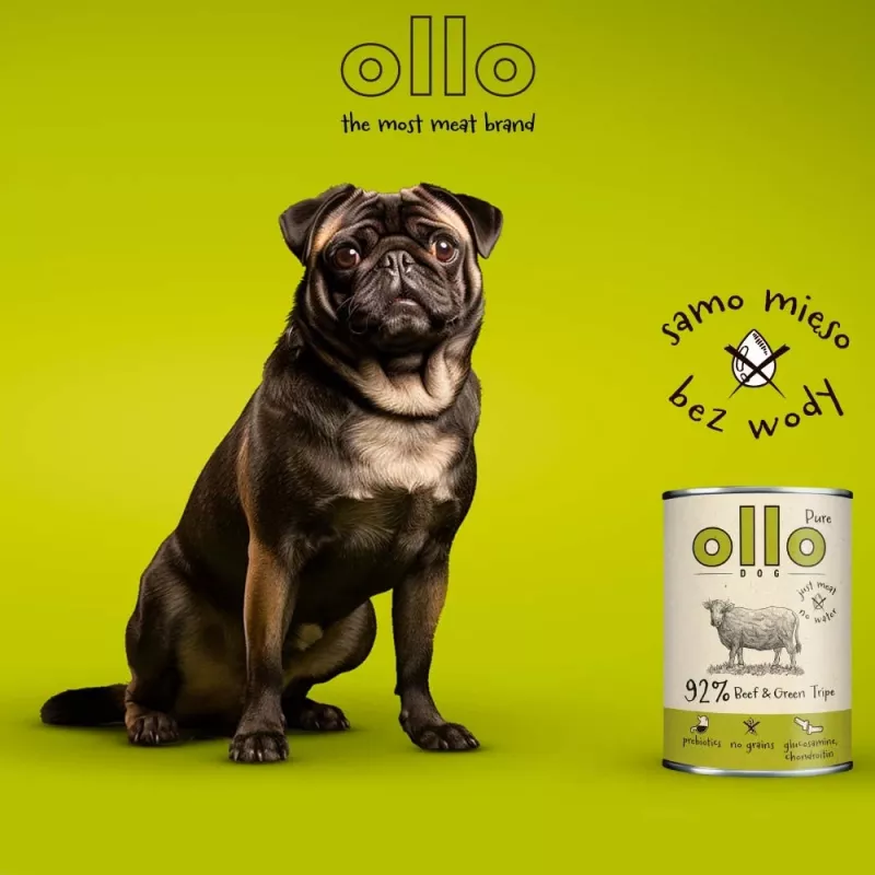 Šlapias šunų maistas OLLO Pure Beef and Green Tripe 400 g skardinė — suaugusiems, baltymai 14,5%, riebalai 11,9%, drėgmė 69%