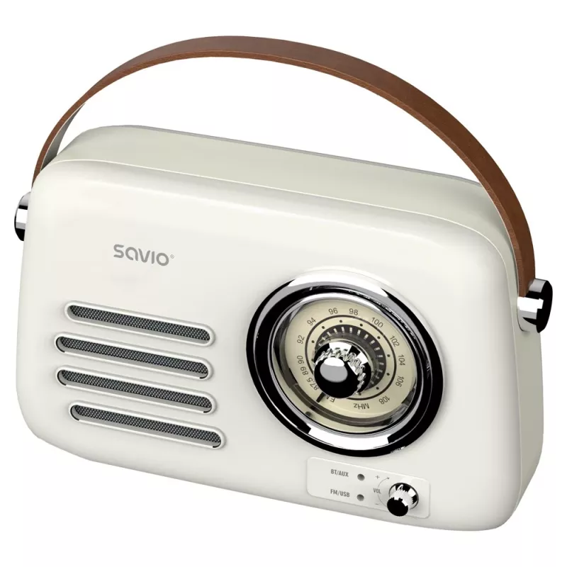 Nešiojamasis radijas SAVIO RS-02 – analoginis FM tiuneris, Bluetooth 5.3, USB maitinimas, 3 W, baltas