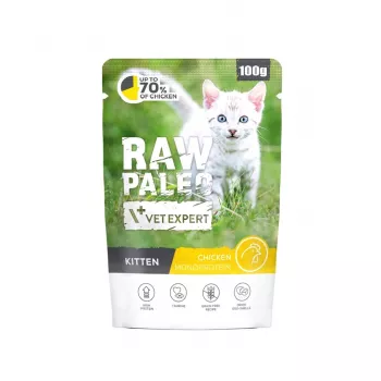 Šlapias žalias kačių maistas VETEXPERT Raw Paleo Kitten vištiena 100 g — visavertis ėdalas kačiukams, 80 % drėgmės, 10,2 % baltymų