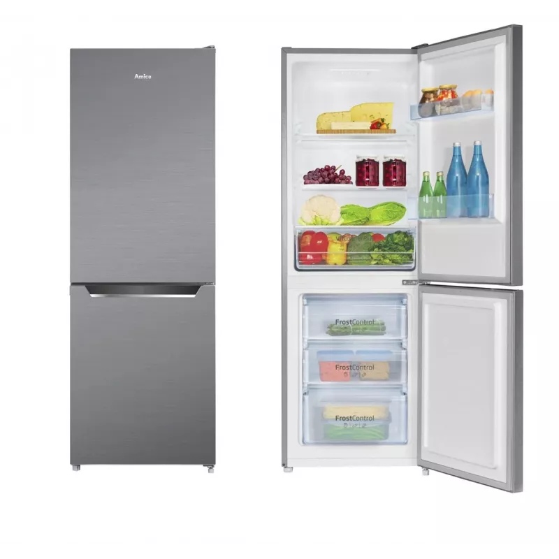 Šaldytuvas-šaldiklis AMICA FK2425.4UNTX(E) pastatomas 277 L bendras, apatinis šaldiklis 74 L, inverteris, sidabrinis, 1593×540×550 mm