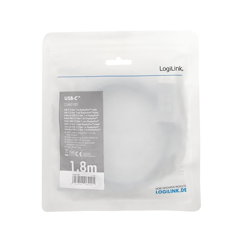 LogiLink CUA0100 kabelio jungties adapteris DisplayPort USB 3.2 Gen1 Type-C 1,8 m juodas pilkas