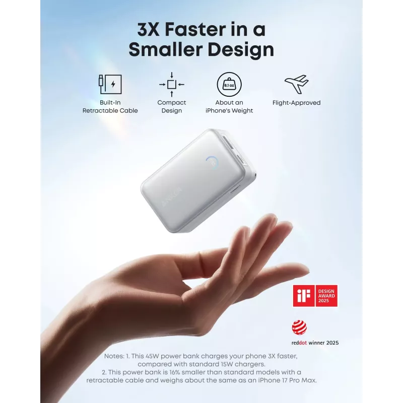 Išorinė baterija Anker A1638 10000 mAh, 45 W bendra galia, balta, įmontuotas ištraukiamas USB-C laidas