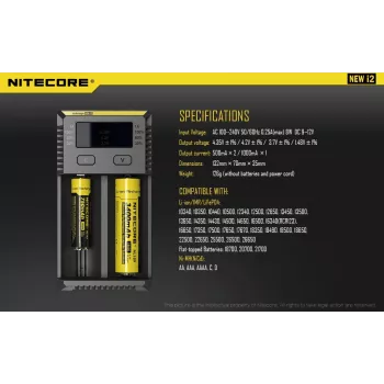 Baterijų įkroviklis Nitecore NEW i2 — 2 vietų įkroviklis LiFePO4, Li-Ion, NiMH; įėjimas 100–240 V; išėjimas 9–12 V; palaiko AAAA/C/D/AAA/AA; juodas