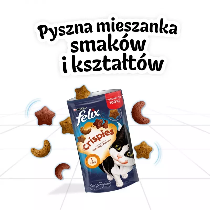 Sausas kačių skanėstas Felix Crispies Beef & Chicken 45 g — mėsingas traškus užkandis suaugusioms katėms, 31,5% baltymų, 15,5% riebalų