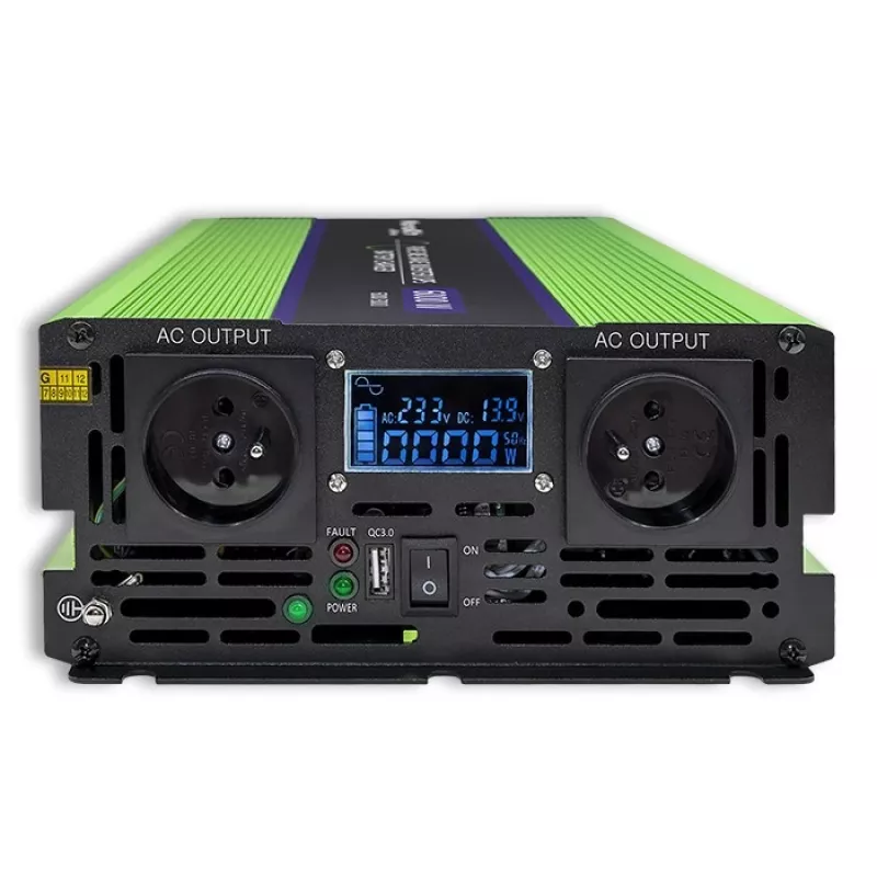 Qoltec Monolith įtampos keitiklis | Baterijos įkrovimas | UPS | 2000W | 4000W | 12V į 230V | Grynas sinusas | LCD juodai žalias