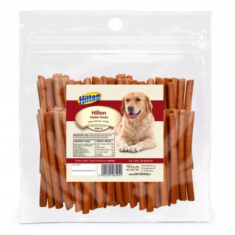 Šunų skanėstai Hilton Soft Rabbit Sticks 500 g — hipoalerginės kramtomosios lazdelės su triušiena šunims