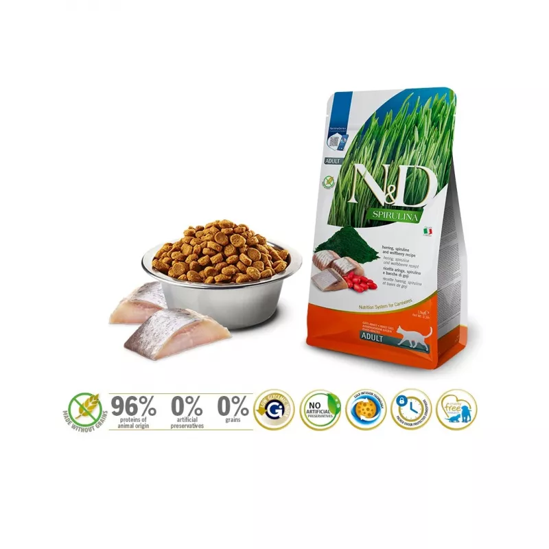 Sausas kačių ėdalas Farmina N&D Spirulina Herring 1,5 kg — be grūdų, 44% baltymų, 20% riebalų