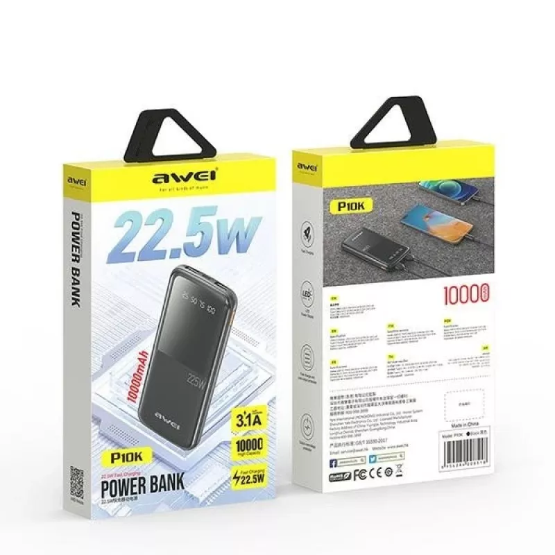Awei PowerBank P10K 10000 MAh 22,5W Juoda/Juoda (10000mAh, 22W, 22.50Wh), Powerbank, Juoda