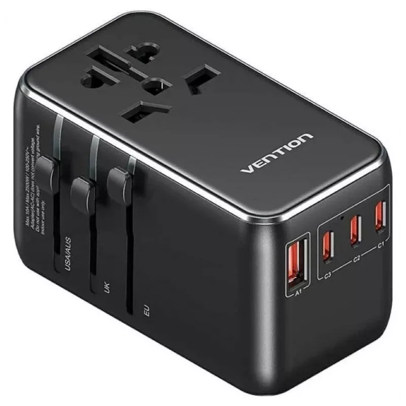 Įkroviklis Vention FJGB0 100 W GaN su 3× USB-C ir 1× USB-A, juodas