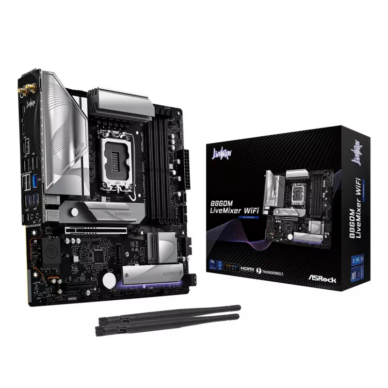 Motininė plokštė ASRock B860M LiveMixer WiFi — Intel B860, LGA 1851, micro ATX, DDR5, 4x DIMM, Wi‑Fi 6E, 2.5Gb LAN