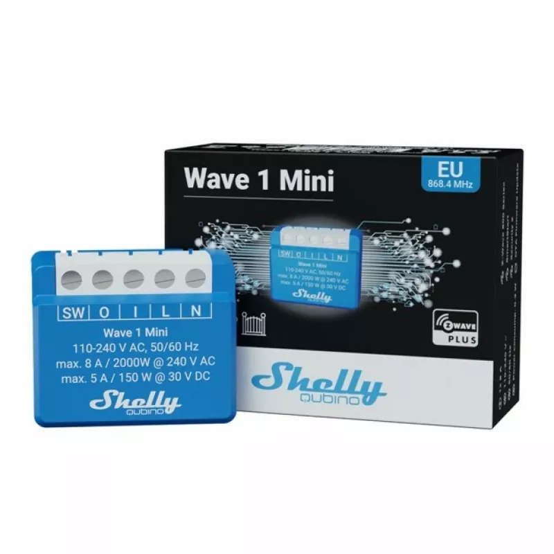 Išmanioji relė Shelly Qubino Wave 1 Mini belaidė 110–240V, 8A AC / 5A DC, 868,4 MHz, vidaus, mėlyna