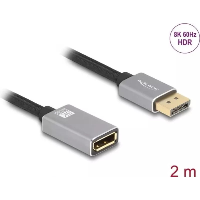 DeLOCK DisplayPort ilginamasis kabelis 8K 60 Hz 2 m pilkas metalinis be fiksatoriaus
