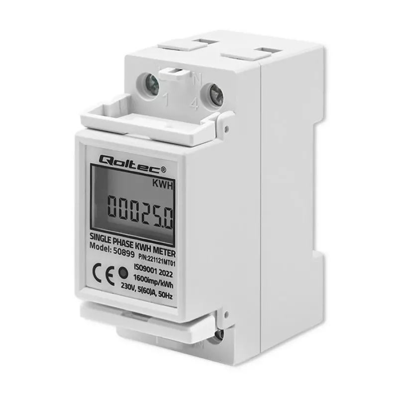 Vienfazis energijos suvartojimo skaitiklis QOLTEC 50899 230 V 50 Hz, 5(60)A, 1.0 klasė, LCD