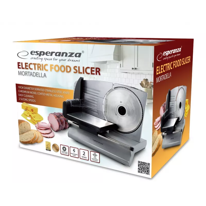 Elektrinė pjaustyklė ESPERANZA EKM018K, nerūdijančio plieno korpusas, 150 W, 19 cm ašmenys, maks. pjūvio storis 1,5 cm