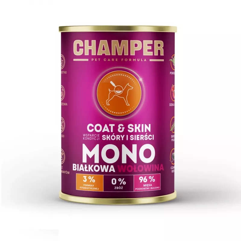 CHAMPER Coat & Skin Monoprotein Beef - šlapias šunų maistas - 400g