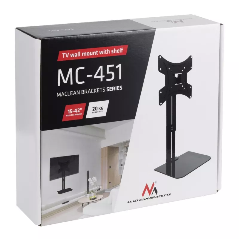 TV sieninis laikiklis MACLEAN MC-451 su lentyna ir pakreipimo reguliavimu, VESA 75x75–200x200 mm, iki 20 kg, 15–42 colių ekranams