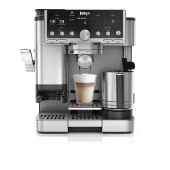 Espresso aparatas Ninja ES701EU — pusiau automatinis kavos/espresso aparatas su integruotu malūnėliu, 2 L vandens talpa, 1650 W, 25 malimo nustatymai, pieno talpa, 14 barų siurblys