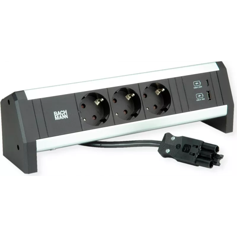 BACHMANN Desk1 3x įžemintas kištukas, USB įkroviklis, GST18 0,2m