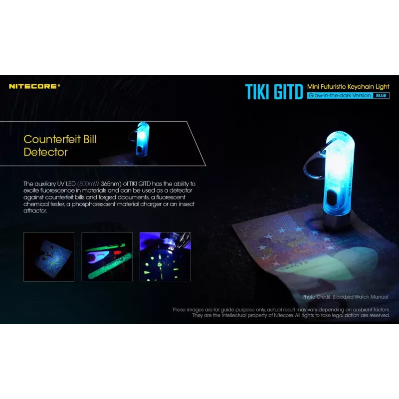 Raktų pakabuko žibintuvėlis Nitecore TIKI GITD BLUE — pilkas, USB įkraunamas, 1 lm, 55 mm, 12 g, IP66, atsparus smūgiams