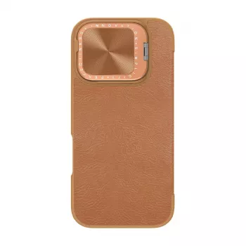 Apsauginis aplanko tipo dėklas Nillkin Qin Prop Leather, skirtas iPhone 16, rudas, su integruotu stovu
