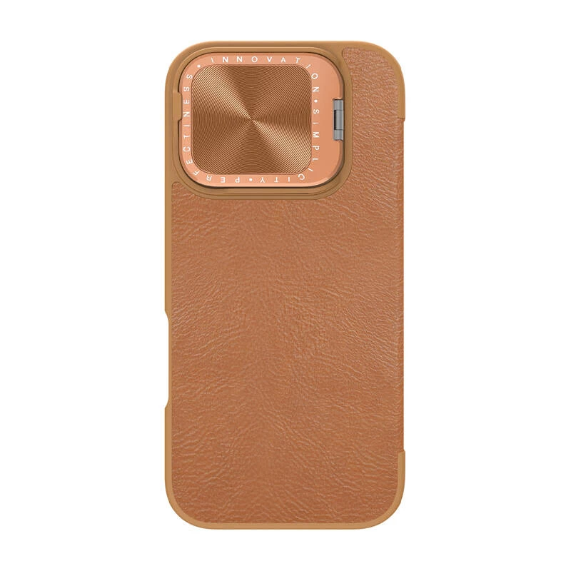 Apsauginis aplanko tipo dėklas Nillkin Qin Prop Leather, skirtas iPhone 16, rudas, su integruotu stovu