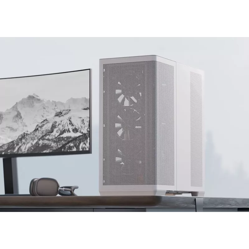 APNX PC Midi Tower C1-R-WT-v1 — Balta, palaiko ATX/Micro-ATX/Mini-ITX, sumontuoti 3x120 mm priekiniai ventiliatoriai, 3x3,5 colio + 3x2,5 colio lizdai, USB 3.2 Gen1 x2