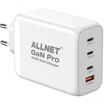 ALLNET maitinimo blokas PSU-GaNPD-USB-1A3C-200W — 200 W GaN USB įkroviklis, 1× USB-A, 3× USB-C