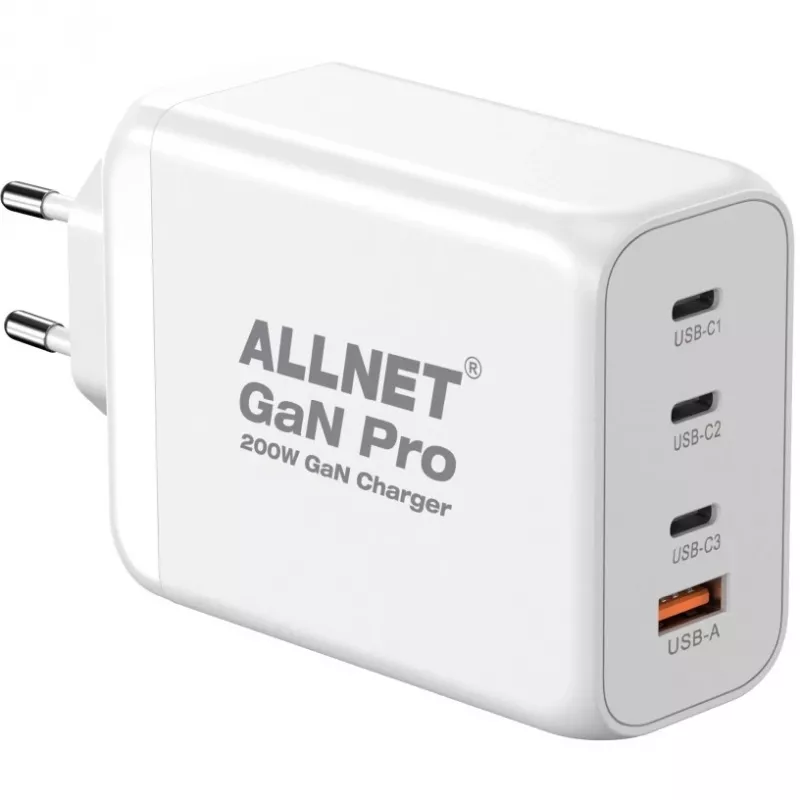 ALLNET maitinimo blokas PSU-GaNPD-USB-1A3C-200W — 200 W GaN USB įkroviklis, 1× USB-A, 3× USB-C
