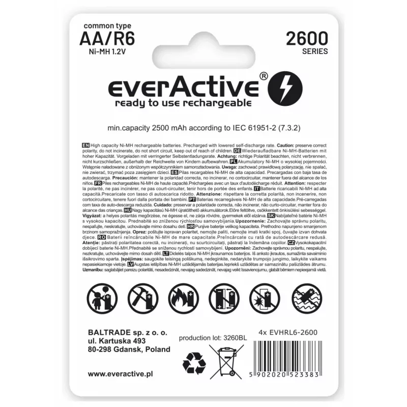 Baterii Reincarcabile R6 AA 2600mAh EverActive Professional pakuotės turinys 1x lizdinė pakuotė