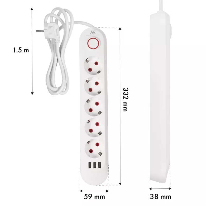 Maitinimo lizdų blokas MACLEAN MCE395 W — 5 lizdai, 3× USB A, 110–240 V kintamoji srovė, 2,1 A USB, maks. 2500 W, baltas, 1,5 m laidas
