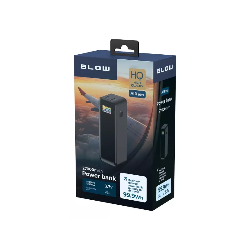 Power bank BLOW AIR99.9 27000mAh PD 140W LCD — 2× USB‑C, 1× USB‑A, 27000 mAh, 140 W bendra galia