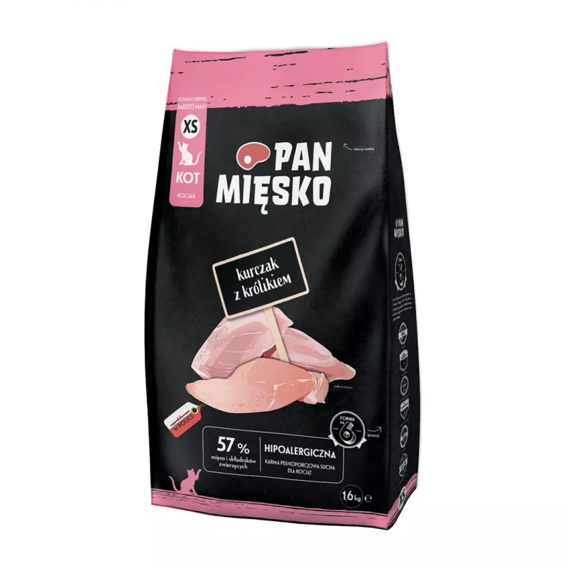 Sausas kačių maistas Pan Miesko su vištiena ir triušiu XS 1.6 kg — maži kąsneliai, jauniems katėms, 39% baltymų