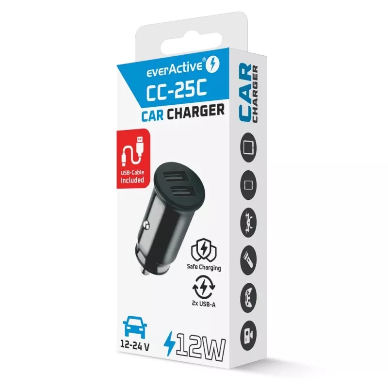 Automobilinis kroviklis everActive CC-25C 2x USB-A + USB-C, 12W, automobilinis USB maitinimo adapteris
