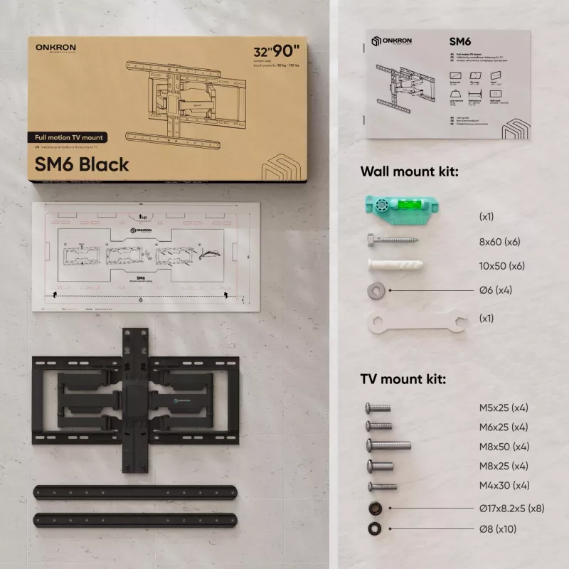 TV grindų stovas ONKRON SM6-B 32 colių–90 colių ekranams, 50 kg talpa, VESA 200x200–600x400, pasvirimas -10–5°, pasukimas 40°