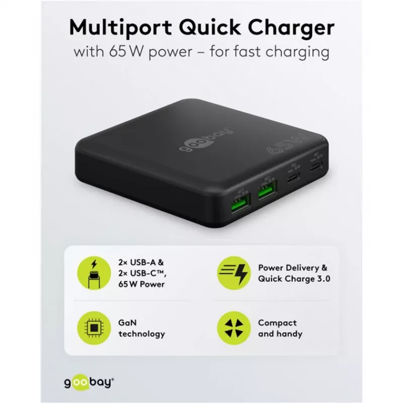 GOOBAY kelių prievadų USB-C PD GaN stalinis įkroviklis 65 W, juodas