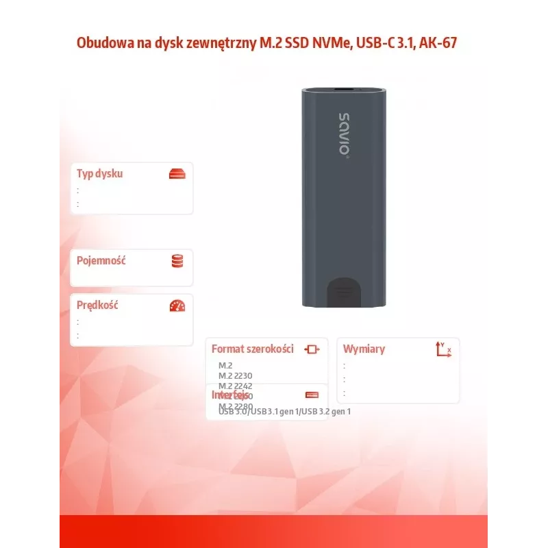 M.2 SSD korpusas SAVIO AK-67 pilkas, USB 10 Gbit/s, vieno M.2 disko palaikymas