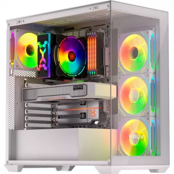 PC korpusas KRUX Exo RGB White — ATX bokštas, plieninis, 2×3,5 colio + 2×2,5 colio nišos, USB-C, RGB