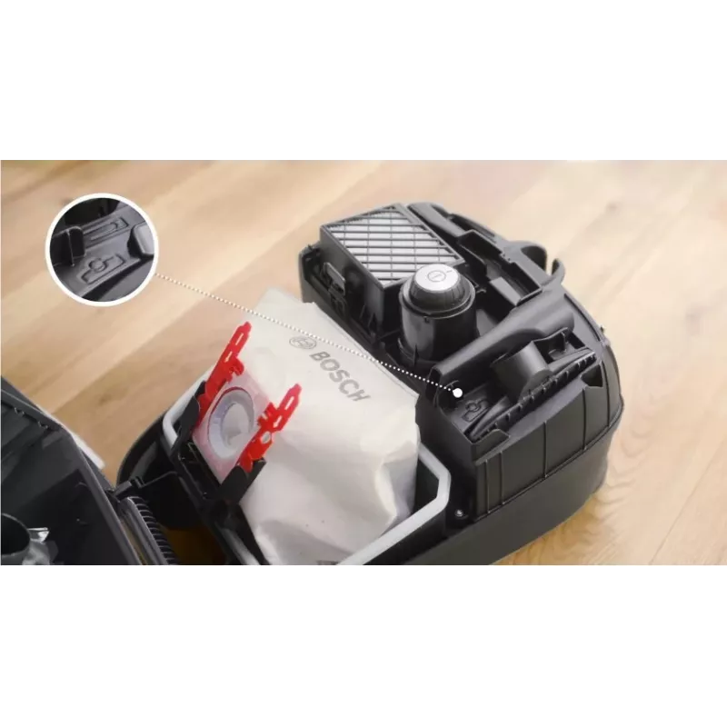 Dulkių siurblys Bosch BGB 41RD3H — 600 W, 4 L dulkių maišelis, HEPA filtras, 11 m veikimo spindulys, teleskopinis vamzdis, raudonas