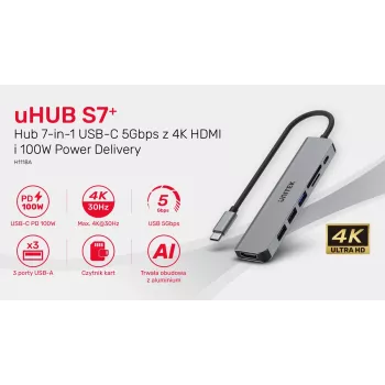 USB-C šakotuvas Unitek 7in1 aliuminis PD 100W 5 Gbps — daugiafunkcis adapteris su Power Delivery