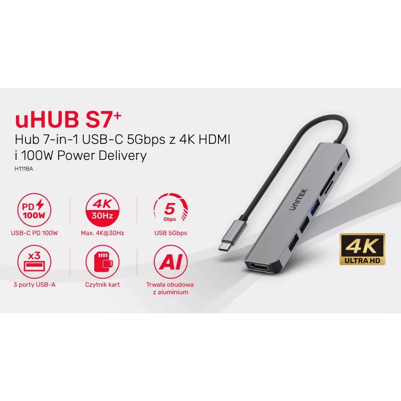 USB-C šakotuvas Unitek 7in1 aliuminis PD 100W 5 Gbps — daugiafunkcis adapteris su Power Delivery