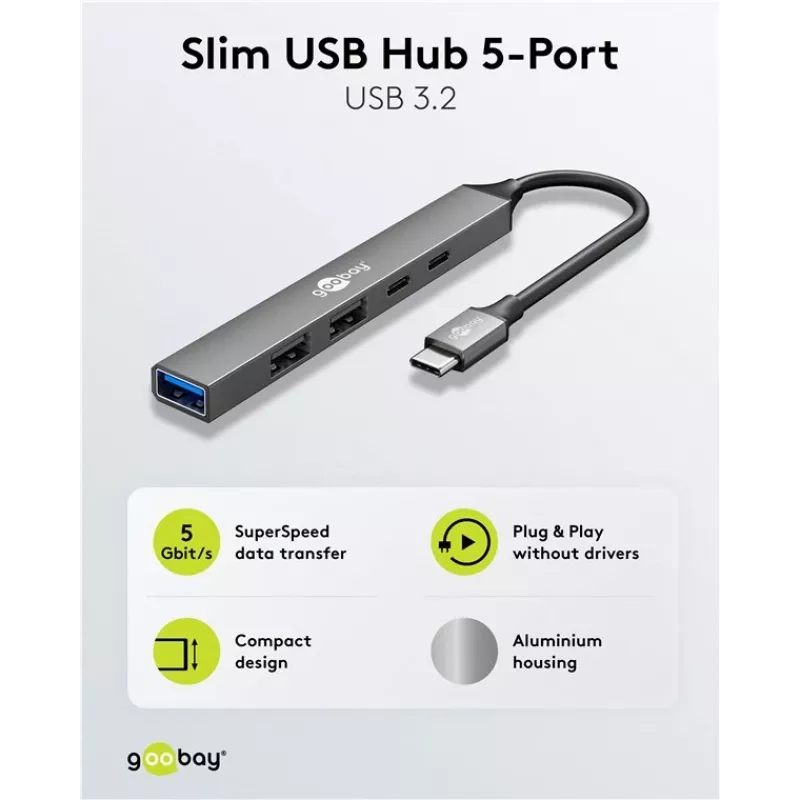 Goobay Slim 5-Port USB-Hub, USB-C™ į USB-C™/USB-A, USB 3.2 (74460)