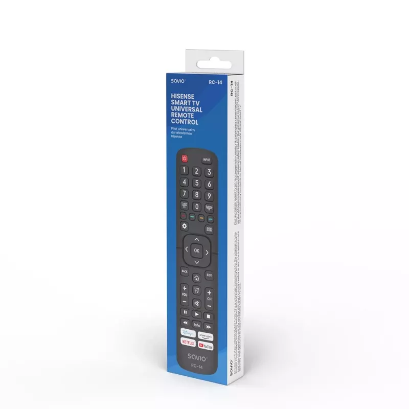 Universalus nuotolinio valdymo pultelis SAVIO RC-14, skirtas Hisense Smart TV, IR belaidis, palaiko 14 įrenginių, veikimo nuotolis iki 10 m, juodas