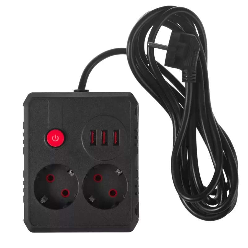 Kištukinis lizdas MACLEAN MCE388 B — 2 kintamosios srovės lizdai, 3×USB A, 110–120V 50/60Hz, 2500W, 3 m laidas, juodas