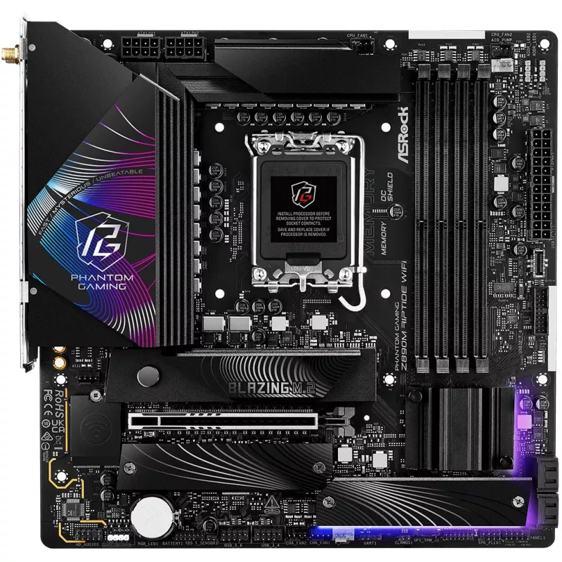 Pagrindinė plokštė ASRock Phantom Gaming Z890M Riptide WiFi — Intel Z890, LGA1851, microATX, DDR5, 4x DIMM, 256GB, Wi‑Fi 6E, 2.5Gb LAN