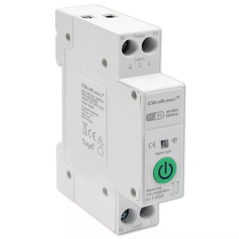 DIN bėgelio WiFi relė QOLTEC 50881 — tinklo perjungimo relė 63A elektros instaliacijoms