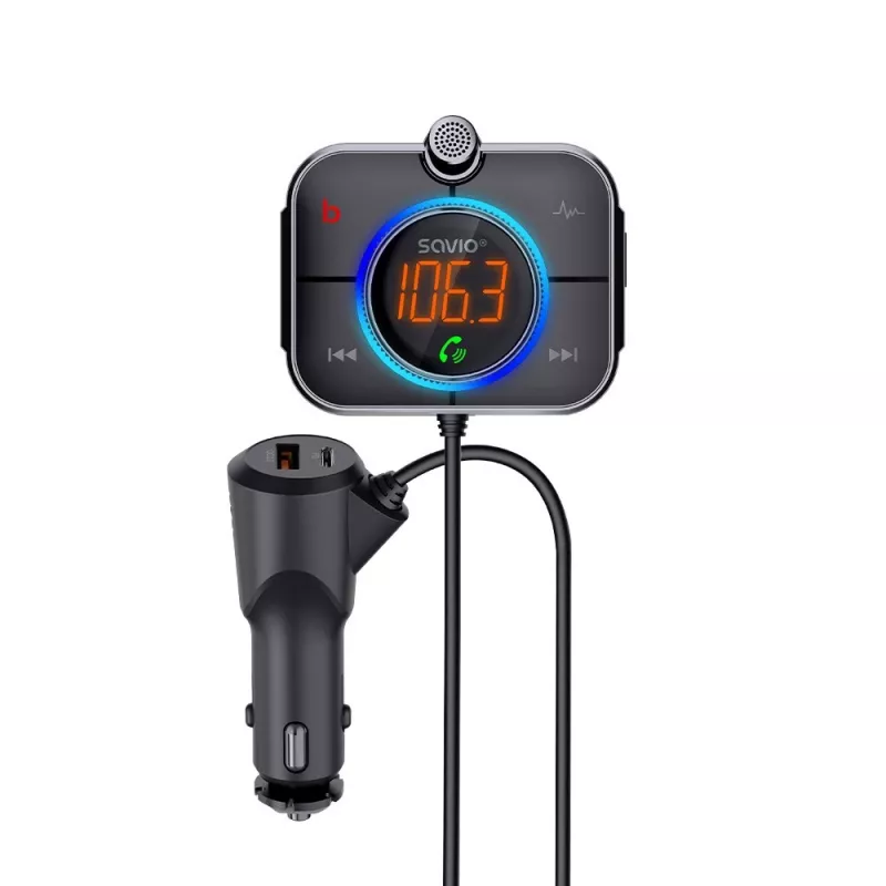 FM siųstuvas SAVIO TR-14 Bluetooth USB, FM 87,6–107,9 MHz, MicroSD, USB-C, 12 V automobilio maitinimas