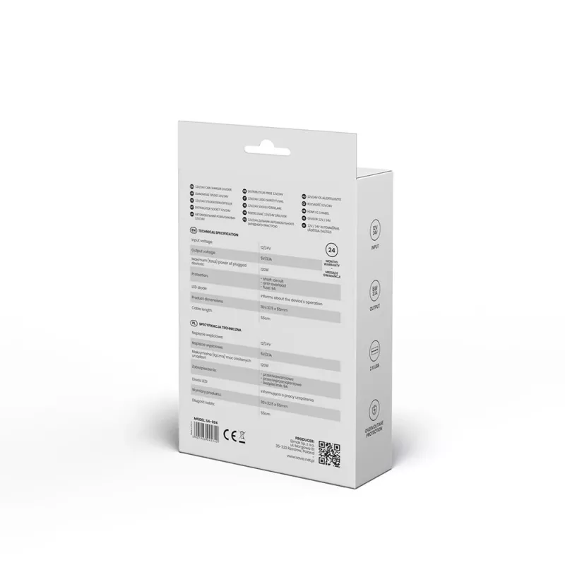 Automobilinis USB įkroviklis SAVIO SA-024 — universalus mobiliesiems įrenginiams, įėjimas 12–24 V, išėjimas 5 V, juodas, skirtas cigarečių uždegimo lizdui